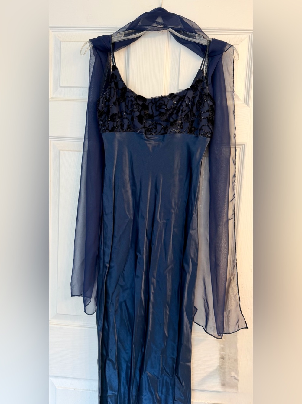Steppin' Out Navy Blue Maxi Dress with Beaded Bodice and Sheer Scarf